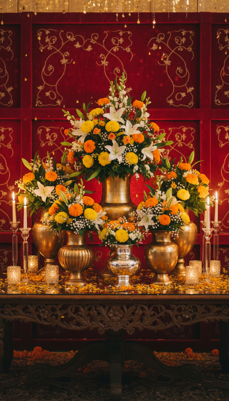 A striking arrangement of luxury event decor elements set on an ornately carved wooden table, featuring shimmering gold and silver vases, intricate floral centerpieces with vibrant marigolds and white lilies, and flickering crystal candleholders. The backdrop is an elegant paneled wall draped in deep red velvet, adorned with subtle golden embroidery. Soft, warm overhead lighting creates a gentle, inviting glow, highlighting the textures of metals and petals and casting delicate, elongated shadows across the table. Captured from a slightly elevated front angle with a shallow depth of field, the composition centers on vivid color contrasts and opulence. The mood is sophisticated and celebratory, with a photographic realism that captures the grandeur and vibrancy of Indian event media.