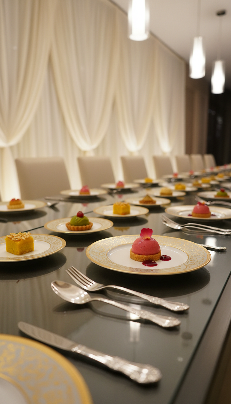 An elegant arrangement of high-end catering platters on a long, reflective glass banquet table, featuring miniature artisanal desserts, gold-rimmed porcelain plates, and ornate silver cutlery. Each dessert is crafted with intricate patterns and vivid colors, such as saffron yellow, rose pink, and pistachio green. The background features a softly lit wall draped in sheer cream fabric, while overhead pendant lights cast a warm, gentle glow, allowing the glossy surfaces and vivid details to stand out. The composition uses the rule of thirds, with a gently blurred background and sharp focus on the desserts, creating a sense of indulgence and festivity. The overall mood is inviting and celebratory, in a photorealistic and clean style befitting premium event catering in India.