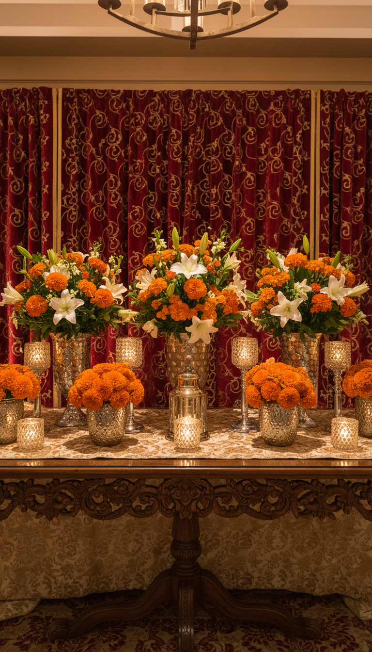 A striking arrangement of luxury event decor elements set on an ornately carved wooden table, featuring shimmering gold and silver vases, intricate floral centerpieces with vibrant marigolds and white lilies, and flickering crystal candleholders. The backdrop is an elegant paneled wall draped in deep red velvet, adorned with subtle golden embroidery. Soft, warm overhead lighting creates a gentle, inviting glow, highlighting the textures of metals and petals and casting delicate, elongated shadows across the table. Captured from a slightly elevated front angle with a shallow depth of field, the composition centers on vivid color contrasts and opulence. The mood is sophisticated and celebratory, with a photographic realism that captures the grandeur and vibrancy of Indian event media.
